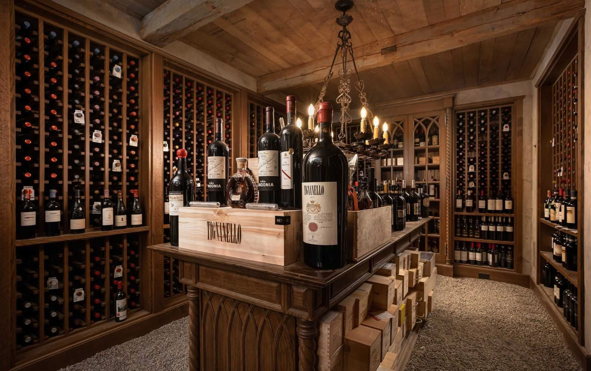 The wine cellar holds 400 bottles and is lined with pea gravel. 